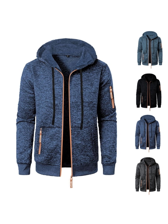 Men's Hooded Jacket Zip-up Hoodies Long Sleeve Causal Sweatshirts Fall Winter Drawstring Solid Color Outwear Coat with Zipper Pockets