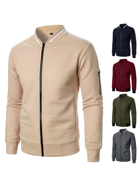 Men's Jackets Waffle Knit Zip up Sweatshirts Fall Winter Long Sleeve Casual Solid Color Fashion Outwear Comfy Soft Coats