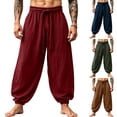 thumbnail image 1 of Danhjin Men's Linen Pants Causal Wide Leg Baggy Fall Winter High Waist Harem Pants Solid Color Comfy Trousers, 1 of 7