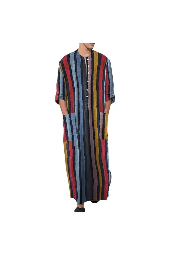 Men's Muslim Dresses Long Sleeve Striped Shirts Kaftan Muslim Long Gown Thobe Robe for Men