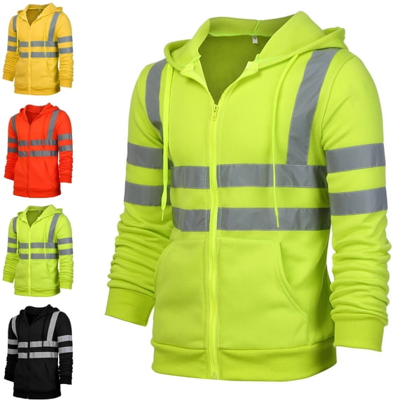 Danhjin Men's Safety Jackets Reflective Stripe Hooede Workwear Outdoor Fishing Cycling Zip up Long Sleeve Casual Outerwear Fashion Coats