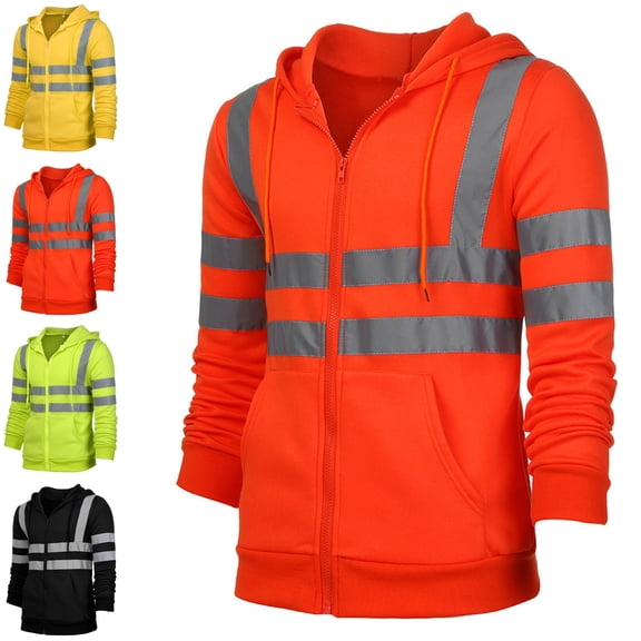 Danhjin Men's Safety Jackets Reflective Stripe Hooede Workwear Outdoor Fishing Cycling Zip up Long Sleeve Casual Outerwear Fashion Coats
