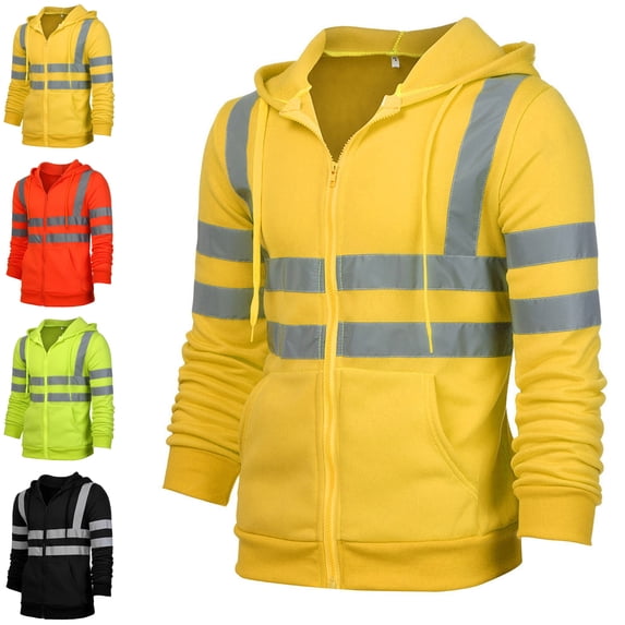 Danhjin Men's Safety Jackets Reflective Stripe Hooede Workwear Outdoor Fishing Cycling Zip up Long Sleeve Casual Outerwear Fashion Coats