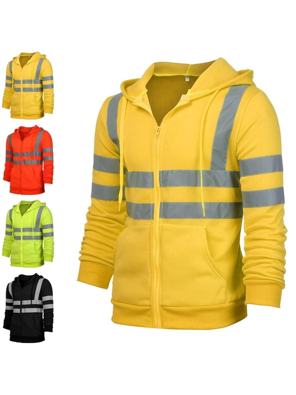 Men's Safety Jackets Reflective Stripe Hooede Workwear Outdoor Fishing Cycling Zip up Long Sleeve Casual Outerwear Fashion Coats