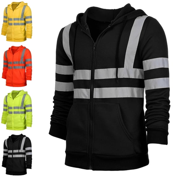Danhjin Men's Safety Jackets Reflective Stripe Hooede Workwear Outdoor Fishing Cycling Zip up Long Sleeve Casual Outerwear Fashion Coats