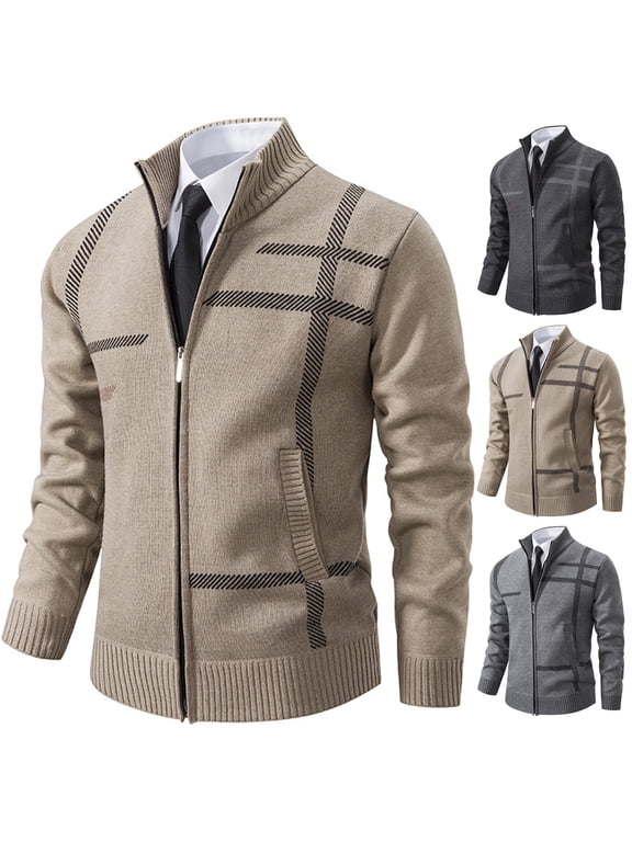 Men's Sweater Jackets Full Zipper Turtleneck Long Sleeve Striped Cardigan Casual Warm Stretchy Knit Fall Winter Outwear Fashion Outfit