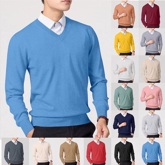 Danhjin Men's V Neck Sweater Tops Long Sleeve Solid Color T Shirts Pullover Basic Fall Winter Comfy Casual Stretchy Soft Cozy Shirts Blouses