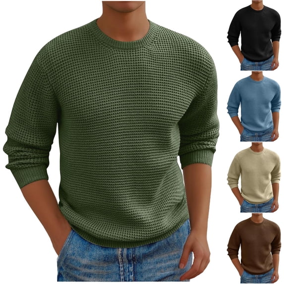Danhjin Men's Waffle Knit Sweater Tops Long Sleeve Fall Winter T Shirts Pullover Casual Comfy Stretchy Crew Neck Soft Cozy Shirts Blouses