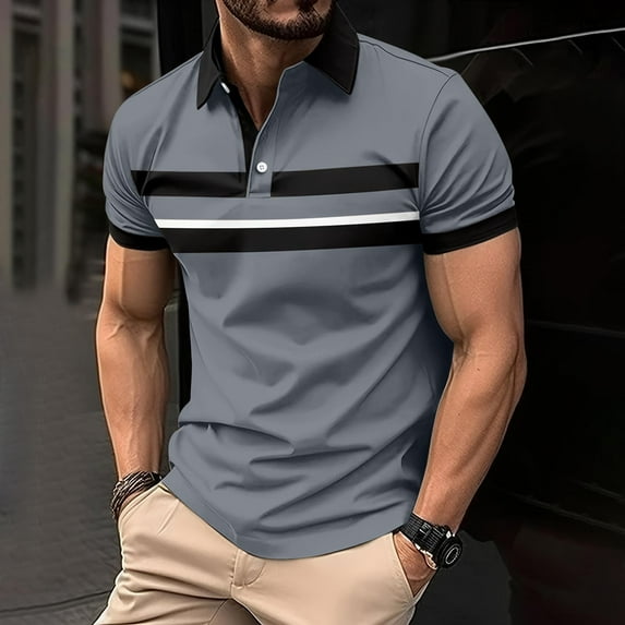 Danhjin Mens Casual Summer T-Shirts Color Matching Fashion Shirt Top Short Sleeve Spring Button Up Going Out Loose Lightweight Comfy V Neck Lapel Blouse Tops