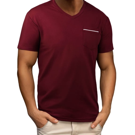 Danhjin Mens Casual T-Shirt Short Sleeve Solid Color V Neck Top Comfy Summer Spring Tee Shirt Fashion Stylish Loose Soft Breathable Pullover Shirts with Pocket