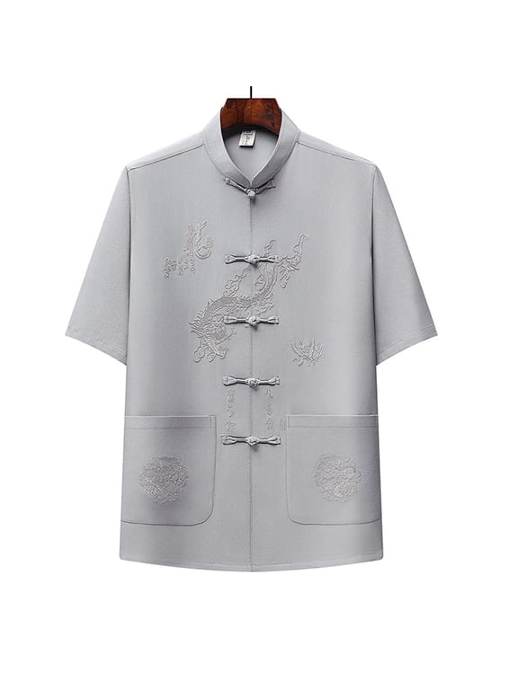 Mens Dragon Embroidered Tang Suit Chinese Traditional Mandarin Collar Kung Fu Shirts Frog Button Short Sleeve Tai Chi Outfits Wushu Clothing