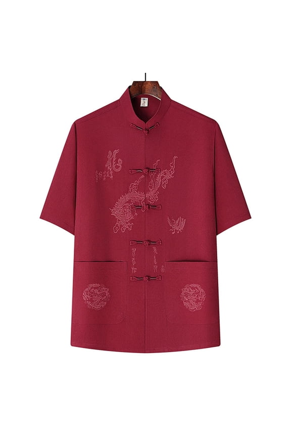 Mens Dragon Embroidered Tang Suit Chinese Traditional Mandarin Collar Kung Fu Shirts Frog Button Short Sleeve Tai Chi Outfits Wushu Clothing