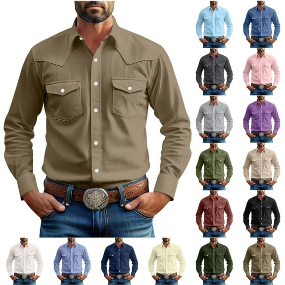 Danhjin Mens Long Sleeve Tee Shirts Lape L Collar Button Tops Vintage Solid Color Shirts Fashion Causal Hiking Fishing Shirts with Poclets
