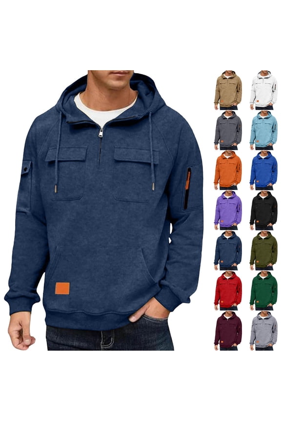 Mens Quarter Zip Hoodies Multi Pockets Sweatshirts Pullover Long Sleeve Fashion Cargo Tops Fall Winter Dailywear Shirts