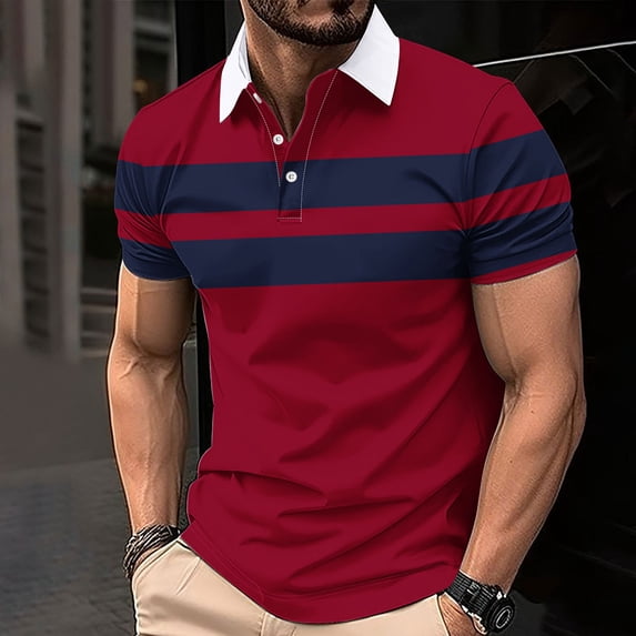 Danhjin Mens Striped T-Shirts Color Matching Fashion Shirt Top Short Sleeve Summer Spring Button Up Going Out Loose Lightweight Comfy V Neck Lapel Casual Blouse Tops