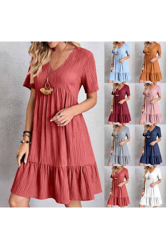 Mini Dress Womens Summer Dresses Short Sleeve Summer Spring V Neck e Mpire Waist Drawstring Casual Ruffle A-Line Swing