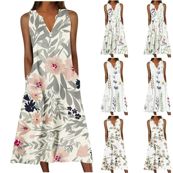 Danhjin Multicolor Women's Sundresses Casual Summer Tank Dress V Neck Sleeve Less Button Down Midi Floral Beach Dress with Pockets