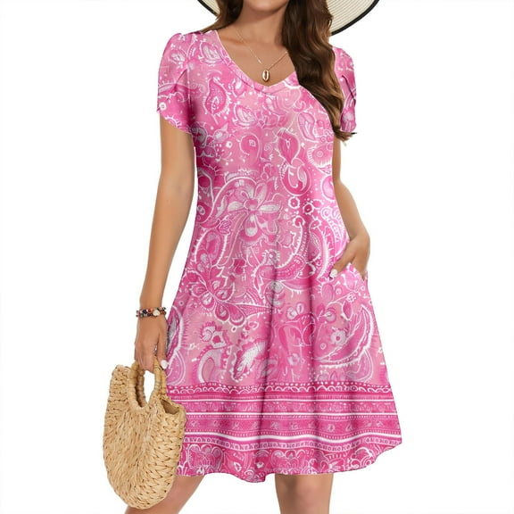 Danhjin Multicolor Women's Summer Dresses Ruffle Short Sleeve V-Neck Solid Loose Short Flowy Pleated Casual Vacation Dress