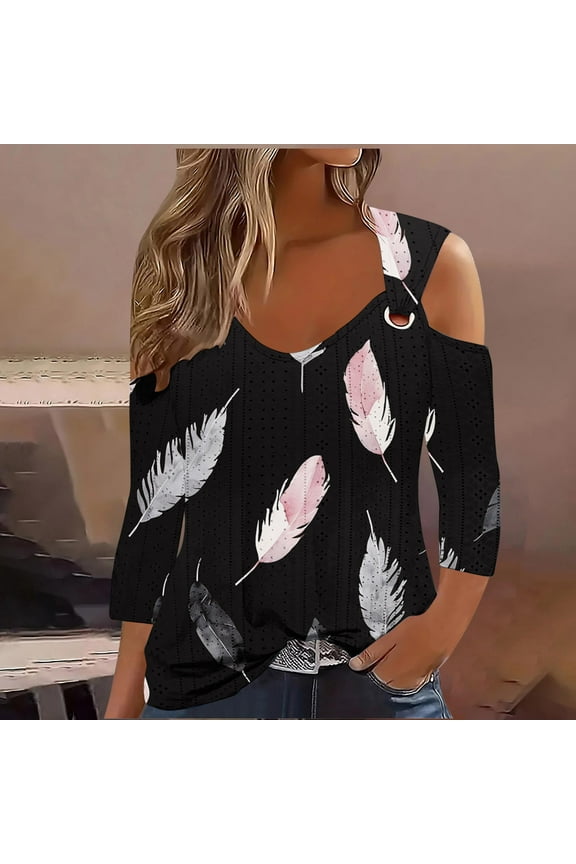 Multicolor Womens Blouses Cold Shoulder 3/4 Sleeve Tunic Tops Cre W Neck Loose Soft Pullover Tops