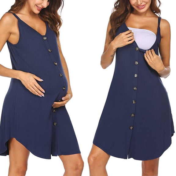 Danhjin Navy Nursing Halter Dress for Maternity Breastfeeding Button Down Mini Dress Solid Color Sleeveless Lightweight Casual Comfy Loose Flowy Dress