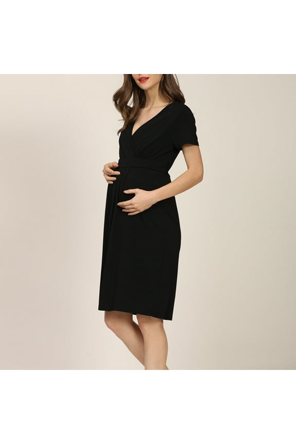 Nursing Dress for Maternity Breastfeeding Midi Dress Flowy V Neck Short Sleeve Lightweight Solid Color Casual Comfy Loose Dress