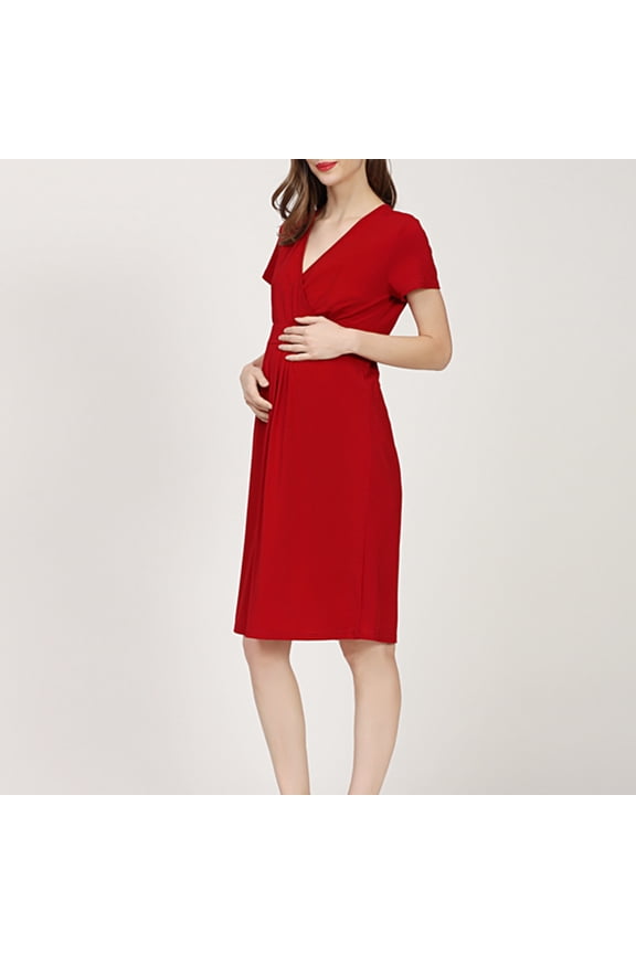 Nursing Dress for Maternity Breastfeeding Midi Dress Flowy V Neck Short Sleeve Lightweight Solid Color Casual Comfy Loose Dress