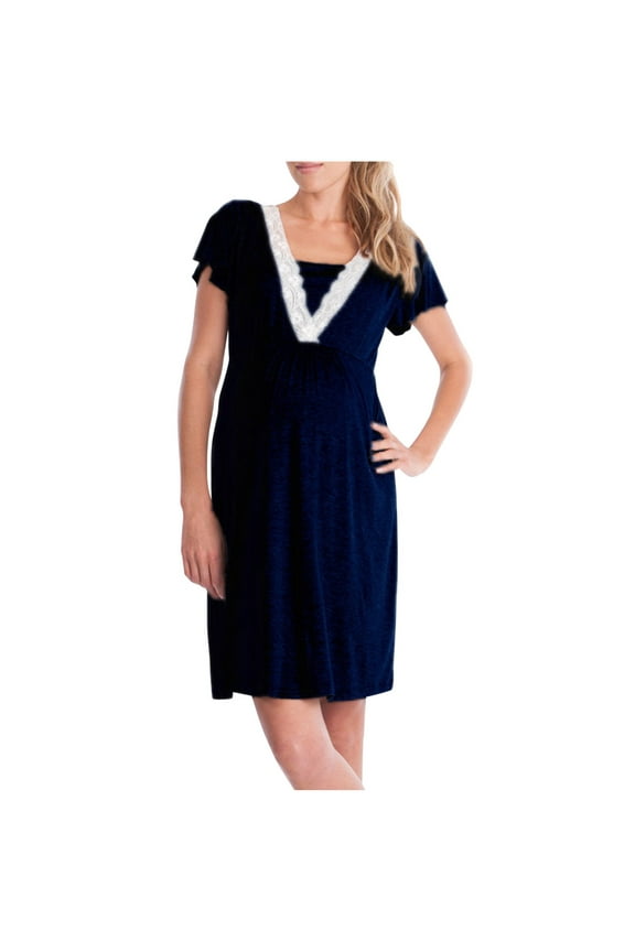 Nursing Dress for Maternity Breastfeeding Midi Dress Flowy V Neck Short Sleeve Lightweight Solid Color Casual Comfy Loose Dress