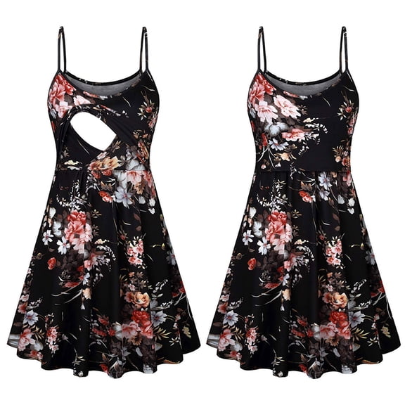 Danhjin Nursing Floral Dress for Maternity Breastfeeding Halter Mini Dress with Graphic Sleeveless Lightweight Casual Comfy Loose Flowy Dress