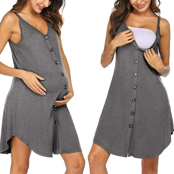 Danhjin Nursing Halter Dress for Maternity Breastfeeding Button Down Mini Dress Solid Color Sleeveless Lightweight Casual Comfy Loose Flowy Dress