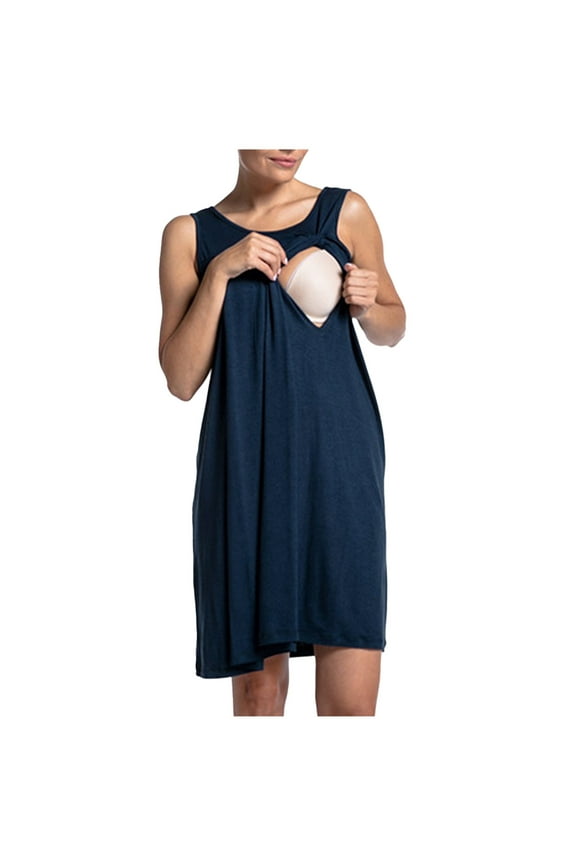 Nursing Vest Dress for Maternity Breastfeeding Tank Midi Dress Summer Solid Color Short Sleeve Crew Neck Lightweight Casual Comfy Loose Dress