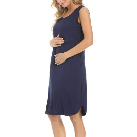 Danhjin Nursing Vest Dress for Maternity Breastfeeding Tank Midi Dress Summer Solid Color Short Sleeve Crew Neck Lightweight Casual Comfy Loose Dress