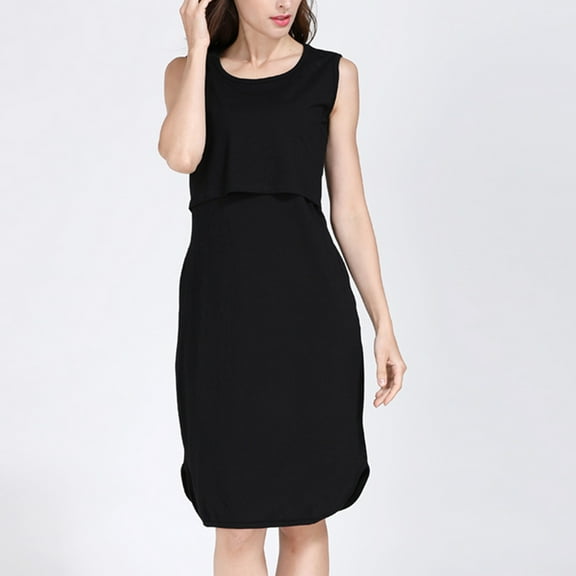 Danhjin Nursing Vest Dress for Maternity Breastfeeding Tank Midi Dress Summer Solid Color Short Sleeve Crew Neck Lightweight Casual Comfy Loose Dress
