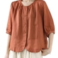 thumbnail image 1 of Danhjin Orange Linen Shirts For Womens Casual Loose Collared Blouses Spring Summer Beach Tops Short Sleeve Soild Color V Neck Shirts, 1 of 1