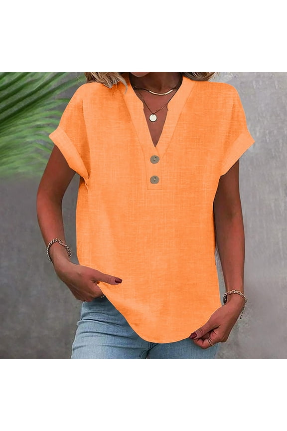 Orange Womens Linen Shirts Short Sleeve Button Down Soild Color V Neck Tops Casual Collared Button Down Blouses Loose Spring Summer Beach Tops