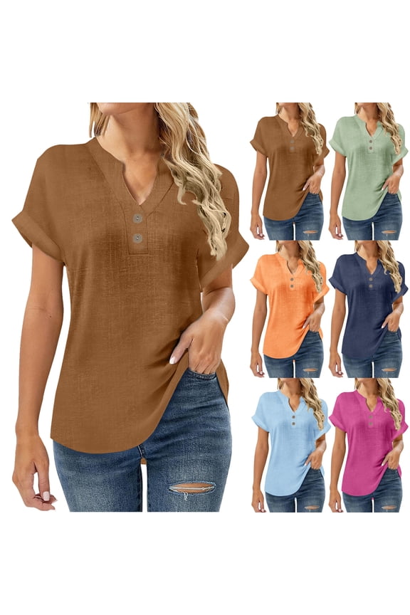Orange Womens Linen Shirts Short Sleeve Button Down Soild Color V Neck Tops Casual Collared Button Down Blouses Loose Spring Summer Beach Tops