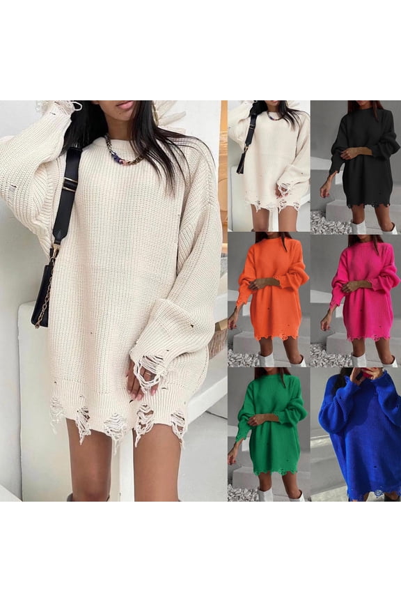 Oversized Tunic Sweater Tops for Women Ripped Crew Neck Long Sleeve Fall Winter Pullover Stretchy Shirts Fashion Comfy Soft Solid Cozy Loungewear Outdoor Knitwear Blouses