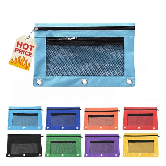 Danhjin Pencil Pouch for 3 Ring Binder, Three Hole Cloth Case with Double Layer Mesh and Large Capacity Zipper for Pen Organization