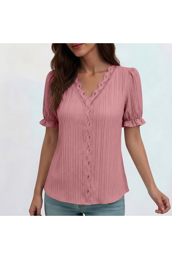 Pink Lace Blouse For Womens V Neck Solid Color Tops Loose Slightly Stretchy Elegant Casual Top for Work Office Daily Wear