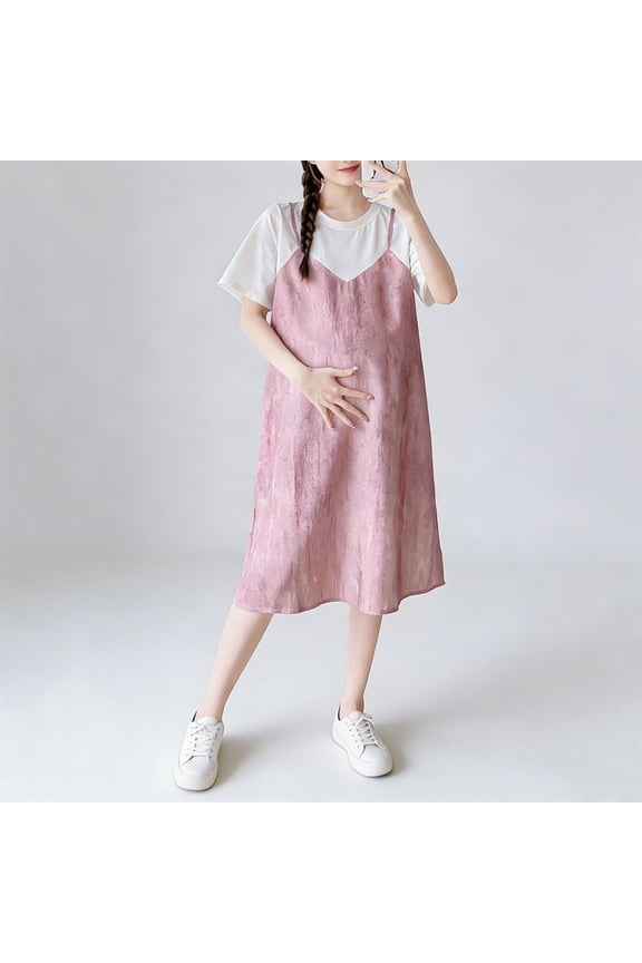 Pink Maternity Dress Short Sleeve Crew Neck Dress Solid Color Ruched Casual Loose Pregnancy Dress Maternity Nightgown For Summer Daily