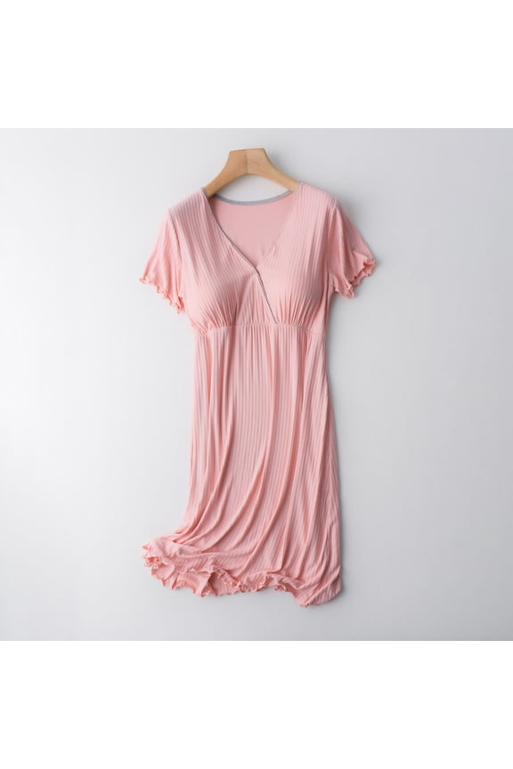 Pink Short Sleeve Maternity Dress For Breastfeeding Solid Color Maternity Sleepwear Ruched V Neck Casual Loose Pregnancy Dress For Daily Wearing Summer