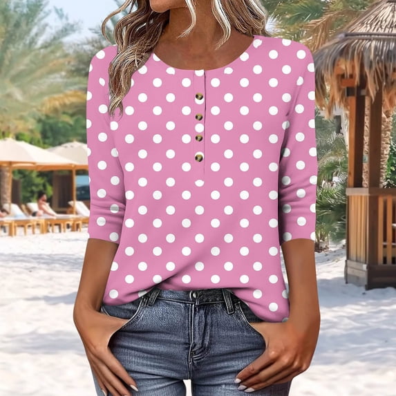 Danhjin Pink Women's Loose Polka Dots Short Sleeve T-Shirt Button Down Round Neck Casual Tee Spring Summer Everyday Wear Vacation Outfits Fashion Tee Flowy Basic Tees