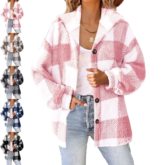 Danhjin Plaid Hooded Jackets for Women Button Down Fall Winter Long Sleeve Color Block Casual Comfy Fashion Coat Going out Outerwear