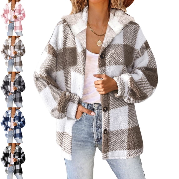 Danhjin Plaid Hooded Jackets for Women Button Down Fall Winter Long Sleeve Color Block Casual Comfy Fashion Coat Going out Outerwear