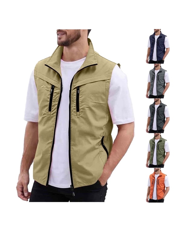 Plus Size Men's Sleeveless Fishings Tank Lightweight Breathable Loose Tops Zip Up Multi Pocket Jacket For Outdoor Work Travel