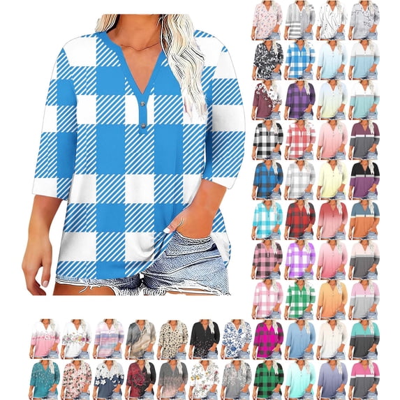 Danhjin Plus Size Plaid Tops for Women 3/4 Sleeve Print V Neck Pullover Shirts Graphic Lightweight Casual Comfy Loose Fashion Going out Blouses