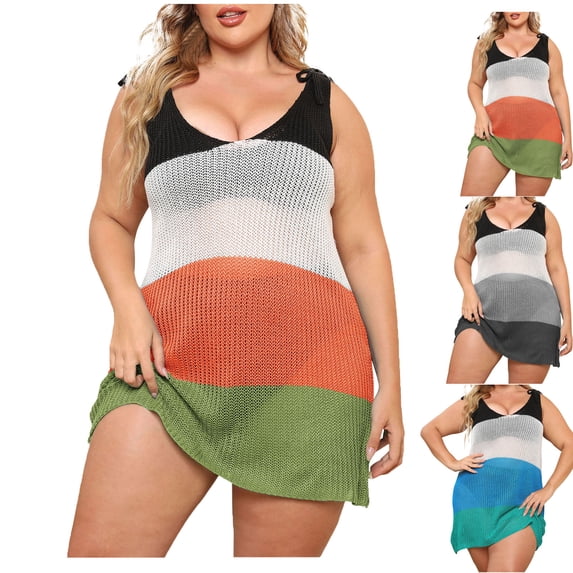 Danhjin Plus Size Swimsuit Coverups for Women Casual Tank Dress Hollow out Beachwear Lightweitght Summer Bikinis Beach Sun Bathing Swiming Vacation Sleeveless Cover up