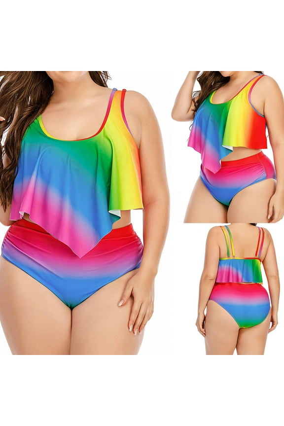 Plus Size Swimsuit for Women Two Piece Bathing Suits Rainbow Printed Ruffled Tankini Top Swimsuit with High Waisted Briefs