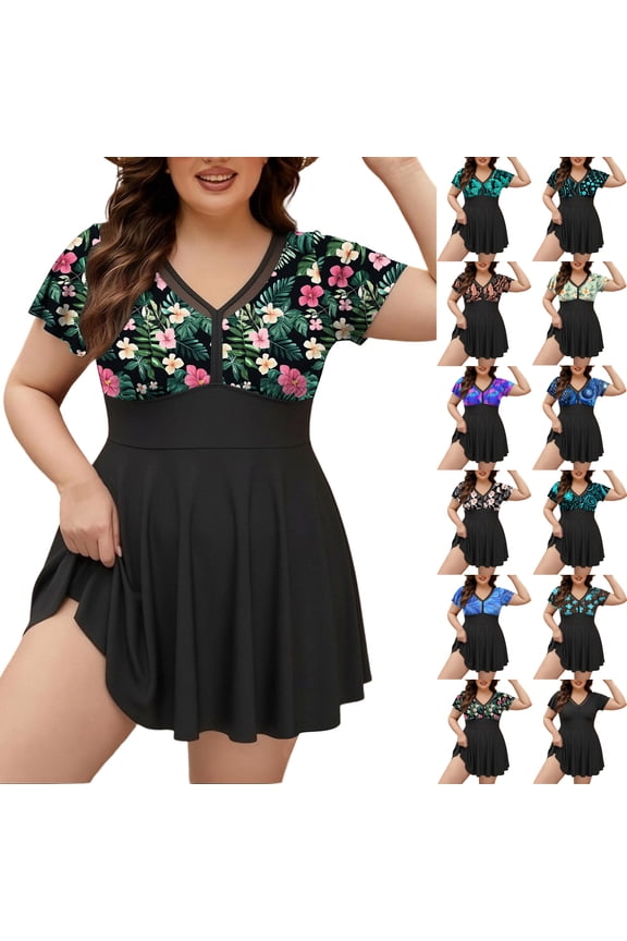 Plus Size Tankinis for Women 2 Piece Swimsuit Set Beach Summer Modest Casual Bathing Suits Fashion Printed V Neck Ruffle Hem Short Sleeve Dress Swimwear with Short