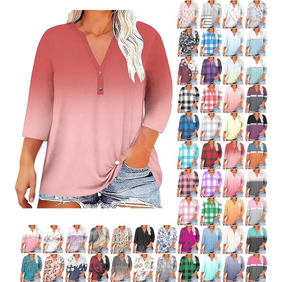 Danhjin Plus Size Tops for Women 3/4 Sleeve Print V Neck Pullover Gradient Color Shirts Graphic Lightweight Casual Comfy Loose Fashion Going out Blouses