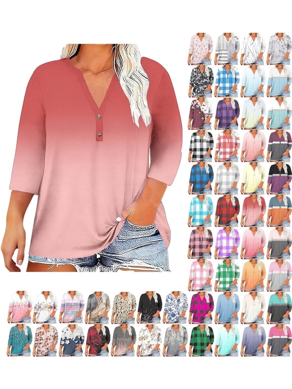 Plus Size Tops for Women 3/4 Sleeve Print V Neck Pullover Gradient Color Shirts Graphic Lightweight Casual Comfy Loose Fashion Going out Blouses